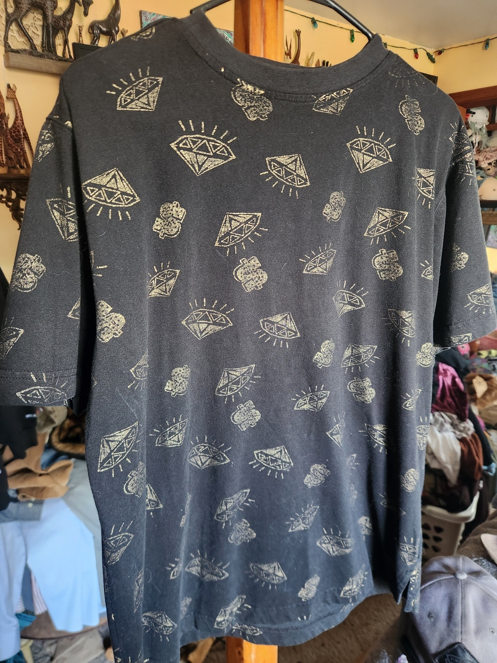 Black Short Sleeve Tee with Allover Diamond Print